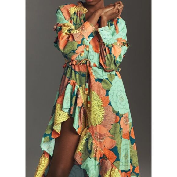 NEW Farm Rio Anthropologie Long Sleeve Floral Midi Dress Beaded Tassel Size XS - Picture 3 of 16